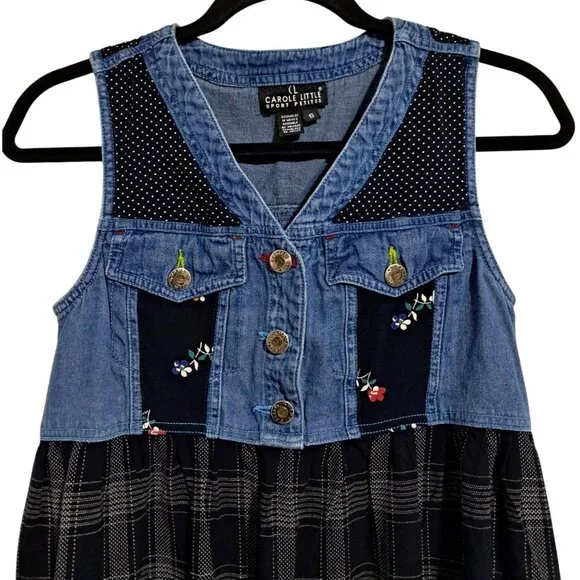 Vintage Carole Little Sport 6 Petite Denim Plaid Maxi Dress Modest Jumper Floral - Picture 4 of 10